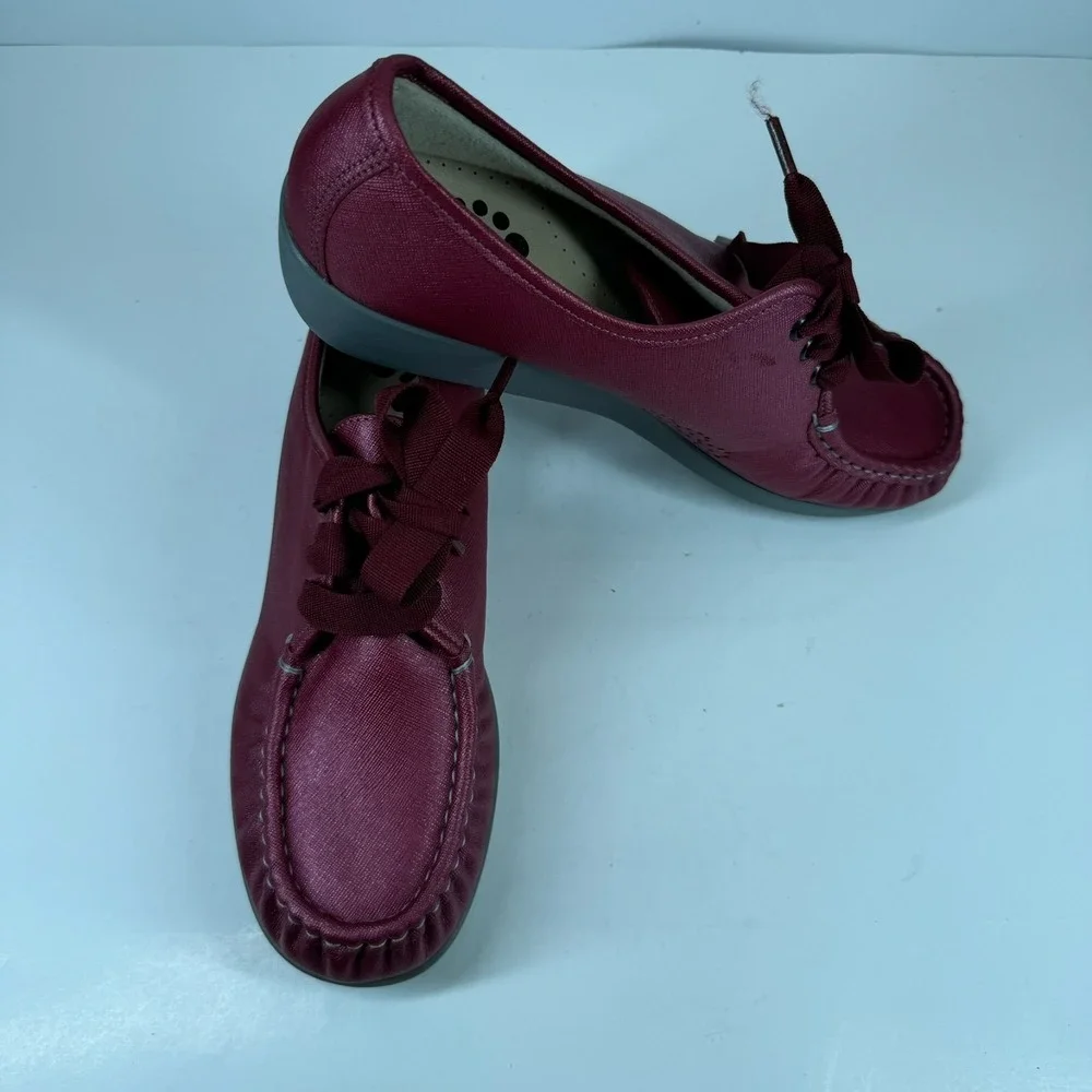 SAS Bounce Women's 11.5M Cranberry Burgundy Leather Lace-Up Wedge Moccasin Shoes